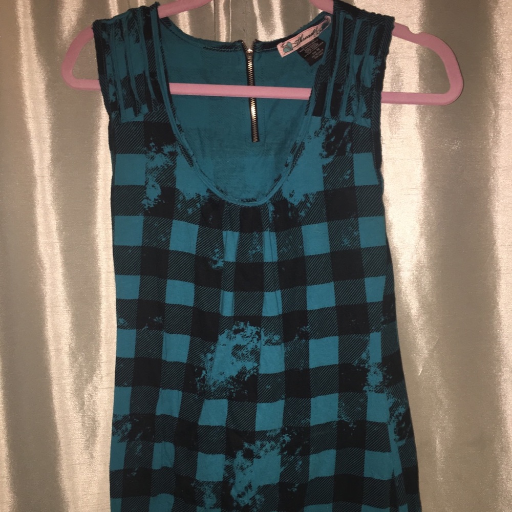 Blue sleeveless plaid blouse/ zipper back